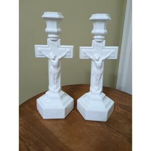 Rare Cambridge #3 Opal Crucifix Candlesticks.